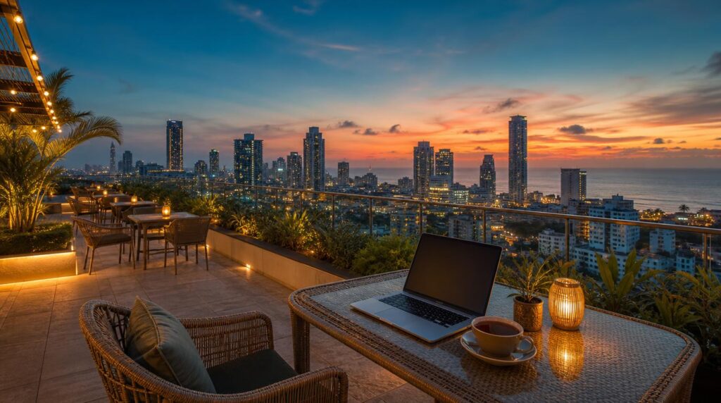 A rooftop coworking terrace overlooking the Colombo skyline at dusk, rattan table with an open laptop and a cup of tea.