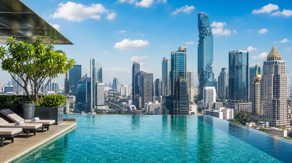 A rooftop infinity pool overlooking Bangkok's business district skyline at midday, glass towers