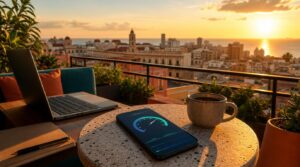 A rooftop terrace workspace at golden hour overlooking a warm coastal city skyline, a smartphone lying on a small table
