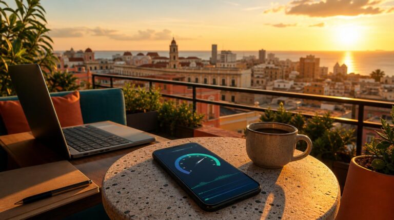 A rooftop terrace workspace at golden hour overlooking a warm coastal city skyline, a smartphone lying on a small table