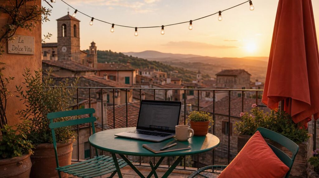 A rooftop terrace workspace in a small Italian hill town, laptop on a café table, string lights overhead