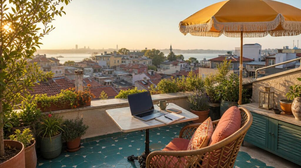 A rooftop terrace workspace overlooking Kadıköy's rooftops in soft morning light, laptop on a small table