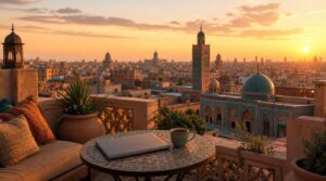 A rooftop workspace at golden hour overlooking a warm, unfamiliar city skyline, a closed laptop and a cup of coffee on a small table,