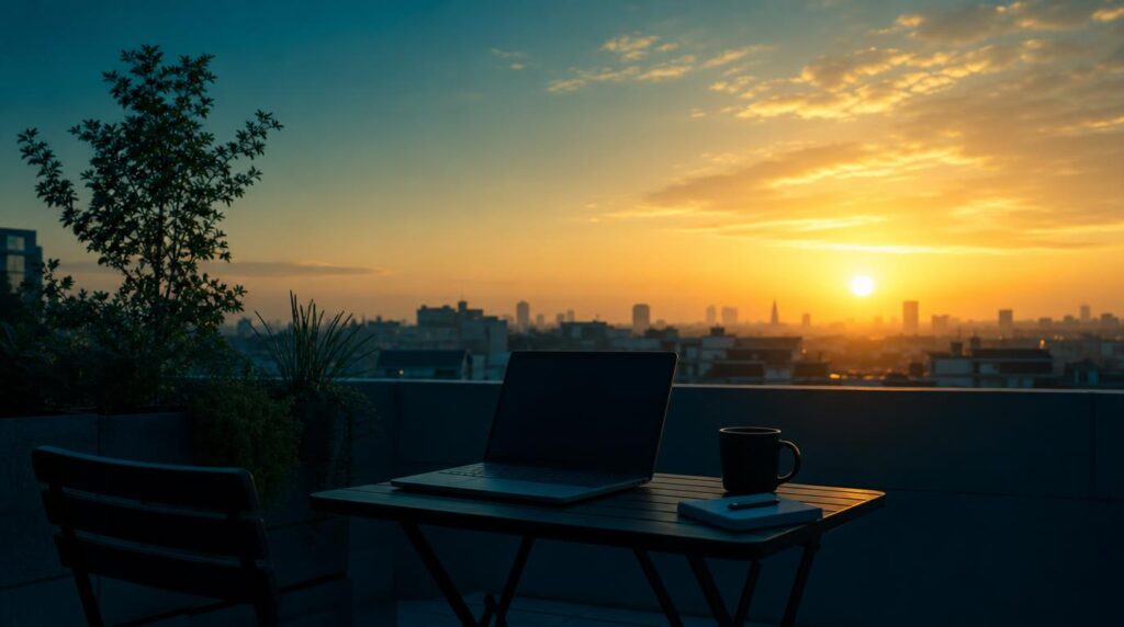 A rooftop workspace at sunrise, a small table and open laptop in silhouette against a warm sky, a coffee cup