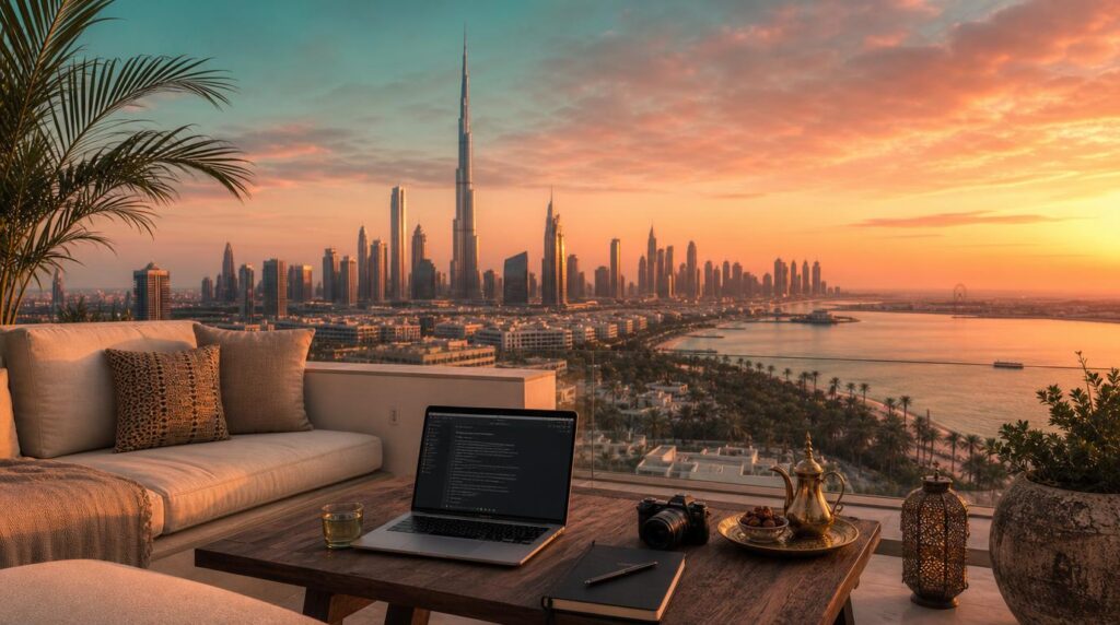 A rooftop workspace in Dubai at golden hour, a laptop on a low table with the city's skyline and palm-lined
