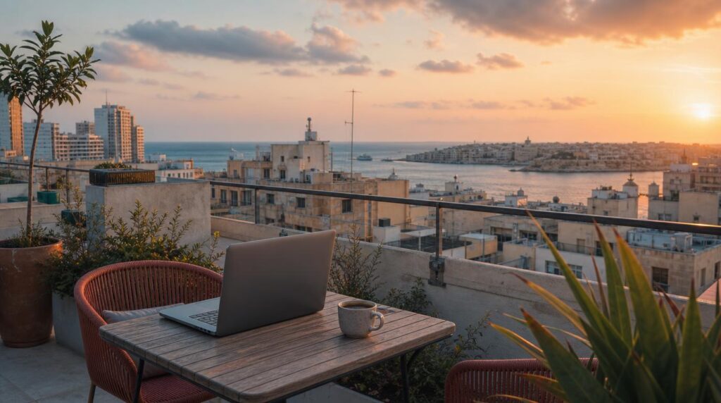 A rooftop workspace in Sliema at golden hour, laptop and coffee cup on a small table, Mediterranean rooftops