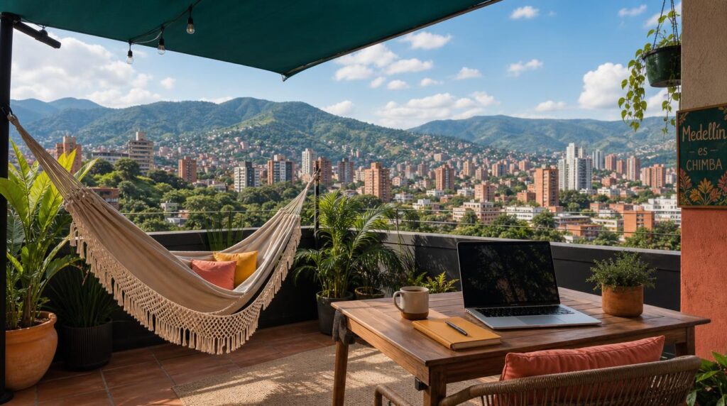 A rooftop workspace view over Laureles, Medellín, lush green hills in the distance under a bright, clear sky, a hammock and a small table