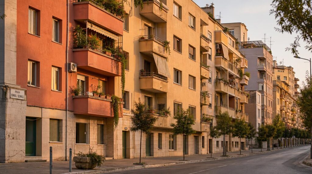 A row of pastel-colored communist-era apartment blocks in Tirana's Blloku neighborhood, balconies with hanging plants