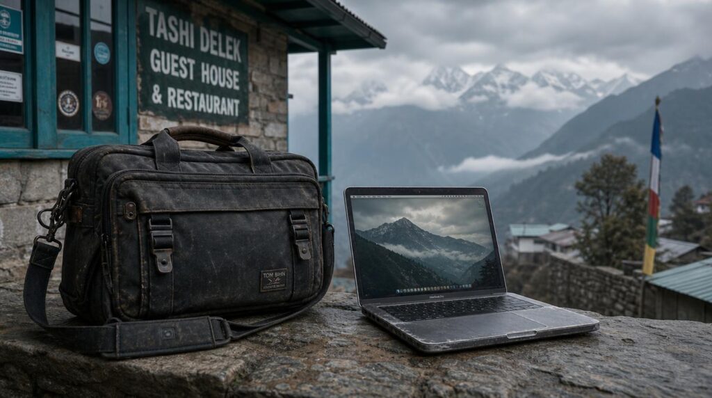 A rugged laptop bag and a weathered but well-kept laptop sitting on a stone ledge at a mountain guesthouse