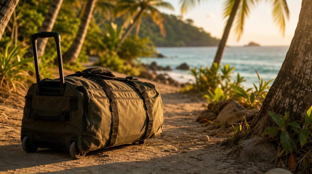 A rugged wheeled duffel bag sitting on a sandy path near palm trees, warm golden hour