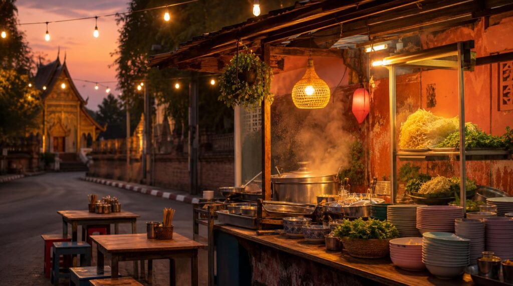 A simple open-air Thai noodle stall at dusk in Chiang Mai's Old City, string lights overhead