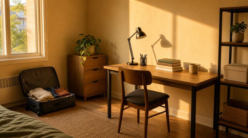 A simply furnished studio apartment desk being set up for the first time, a half-unpacked suitcase in the corner