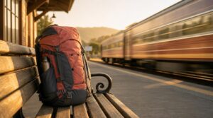 A single packed travel backpack in warm coral and charcoal tones resting on a sunlit train station platform bench