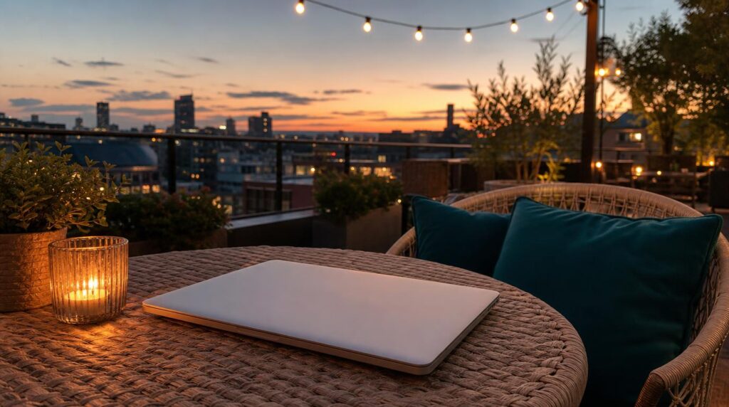 A slim silver laptop resting on a woven café table on a rooftop terrace at dusk, string lights overhead