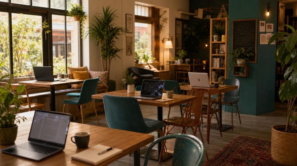 A small coworking cafe interior with a few laptops open at scattered tables, large windows letting in warm natural light