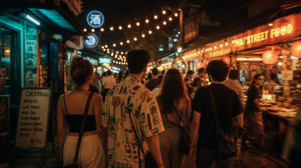 A small group walking together into a busy night market or street food area, backs to the camera,