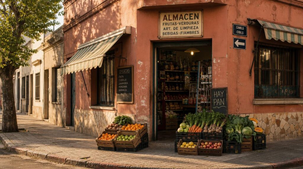 A small neighborhood market or corner grocery (almacen) in a residential Montevideo street, crates of produce out front