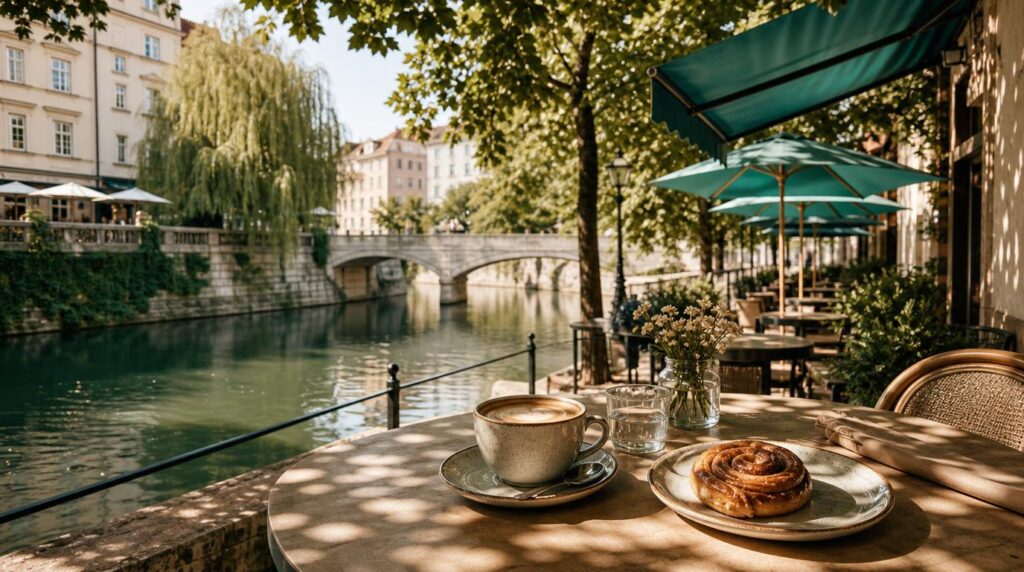 A small riverside cafe table along the Ljubljanica embankment, a coffee cup and a simple pastry, dappled afternoon light