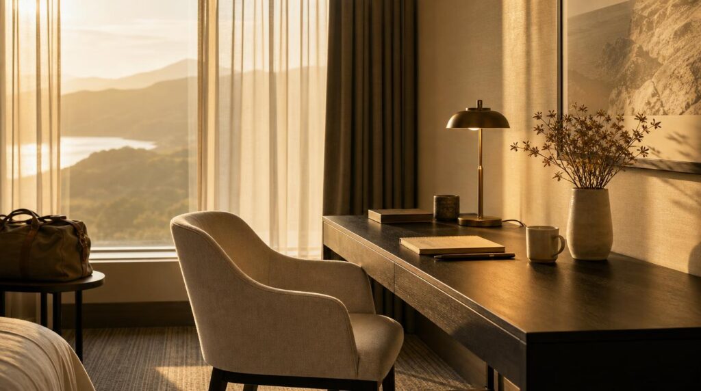 A softly lit hotel room desk and chair positioned facing a window with sheer curtains, morning light spilling across the empty chair and desk