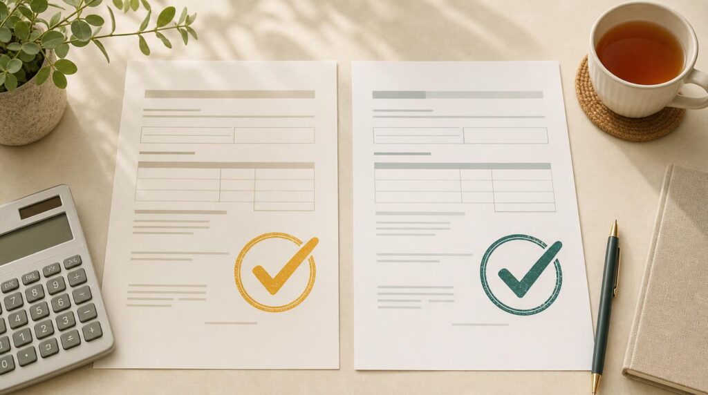 A split-composition scene showing two simple paper tax forms side by side on a table, one stamped with a golden yellow