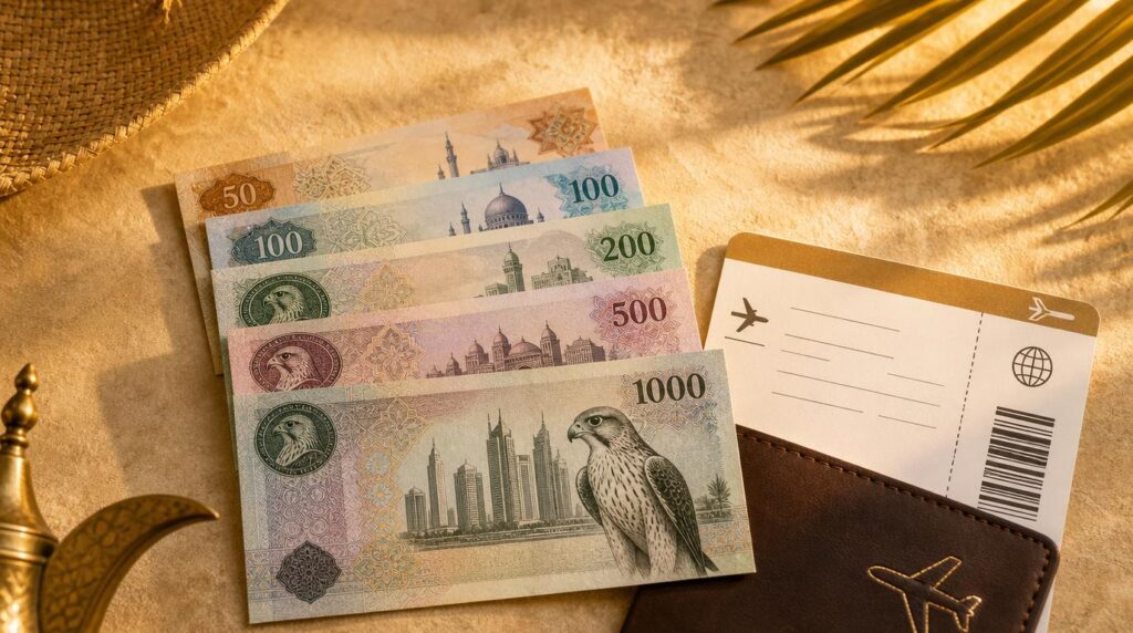 A stylized flat-lay of UAE dirham banknotes and a boarding pass on a warm sand-colored surface