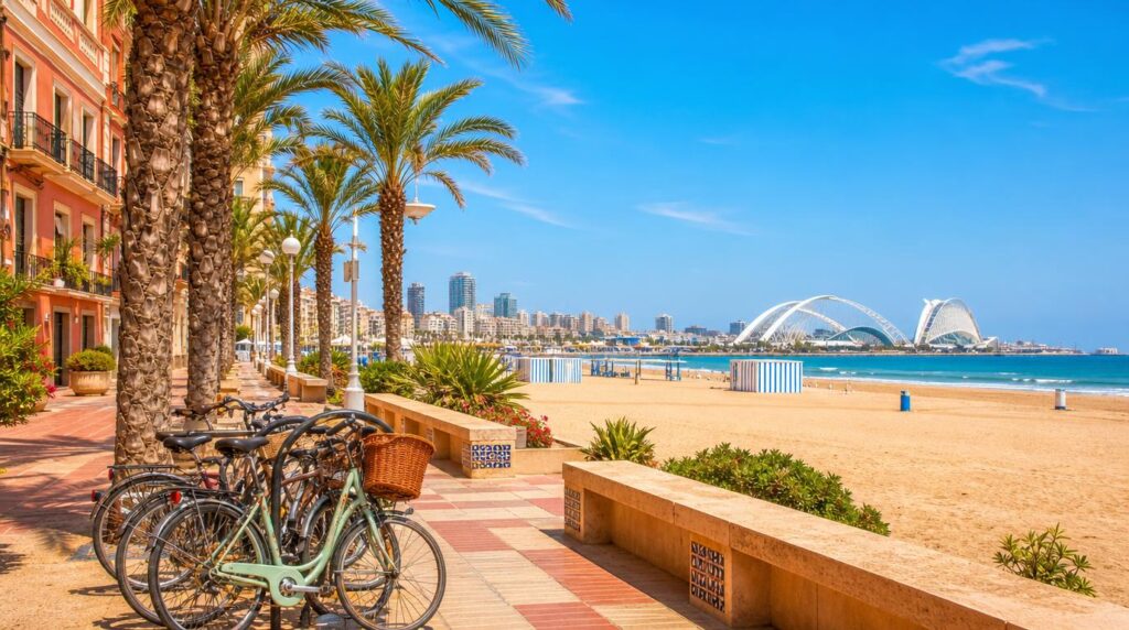 A sun-drenched Mediterranean beach promenade in Valencia with palm trees and a distant view of modern architecture