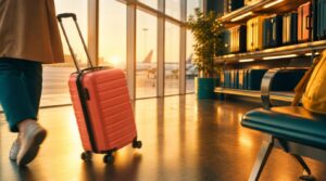 A sunlit airport terminal at early morning, warm golden light streaming through tall windows onto a polished floor,