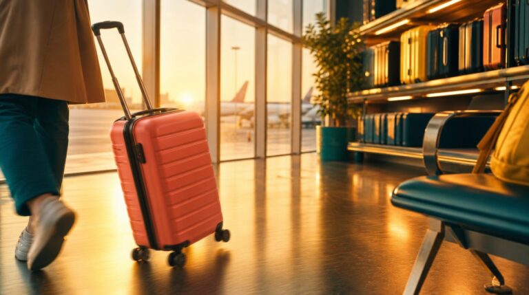 A sunlit airport terminal at early morning, warm golden light streaming through tall windows onto a polished floor,