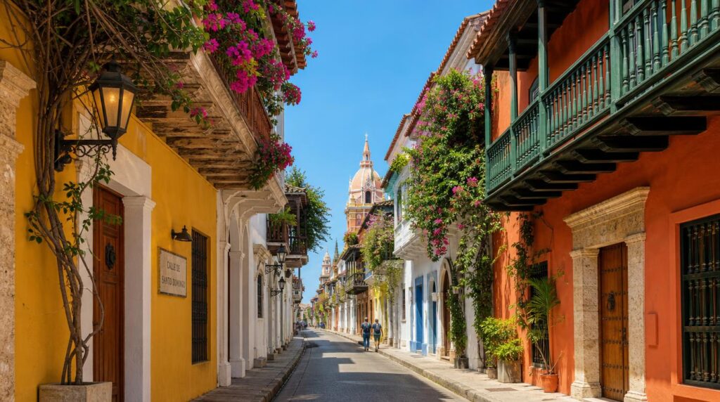 A sunlit daytime street in Cartagena's walled city (El Centro), colorful balconies with hanging flowers, a couple of distant