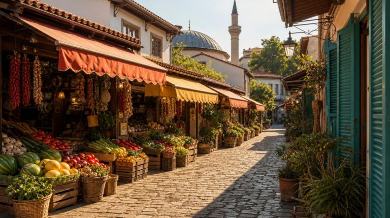 A sunlit street scene at Pazari i Ri (Tirana's New Bazaar), renovated Ottoman-era market stalls with coral and golden