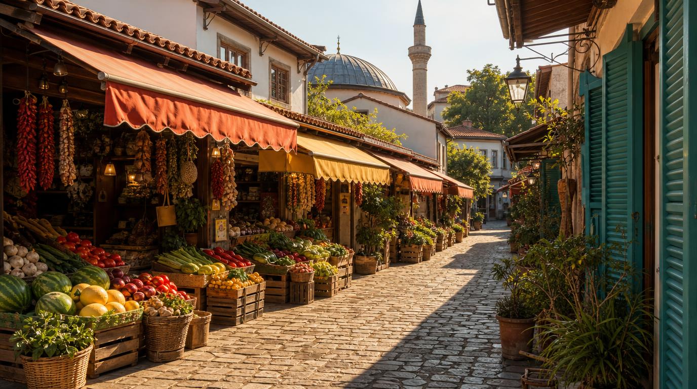 A sunlit street scene at Pazari i Ri (Tirana's New Bazaar), renovated Ottoman-era market stalls with coral and golden
