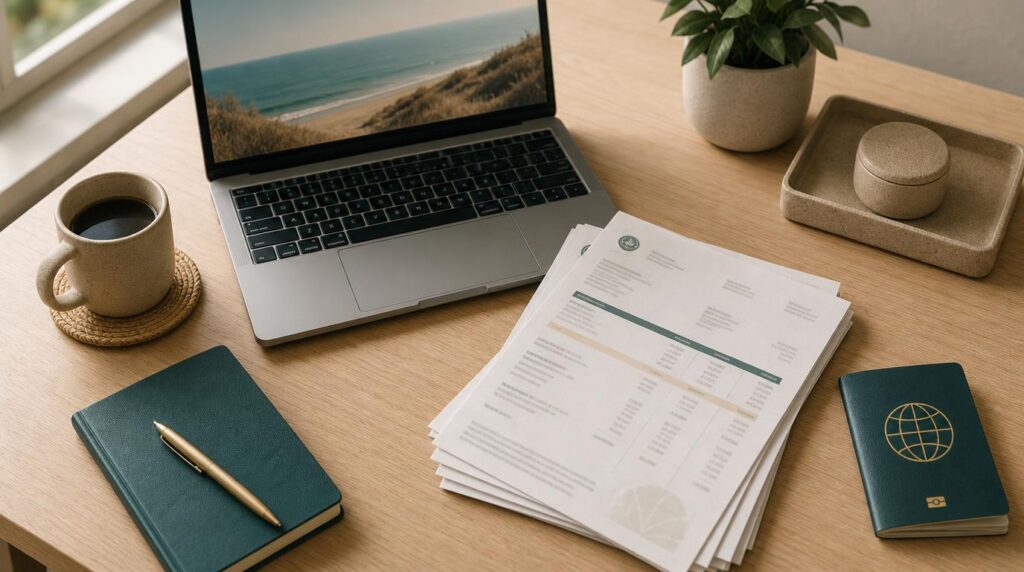 A tidy desk scene from above showing a laptop, a stack of printed bank statements, and a passport, styled in warm sand