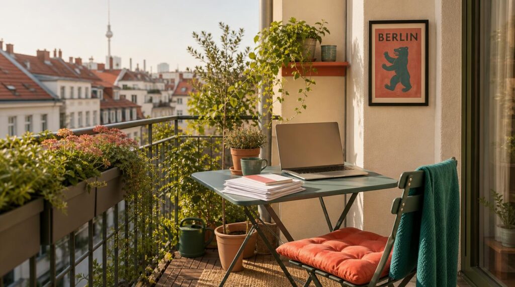 A tidy home studio workspace on a narrow Berlin balcony, laptop and a stack of papers on a small folding table,