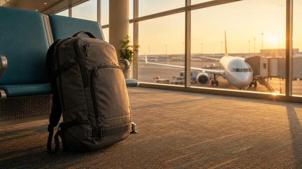 A travel backpack leaning against a bench at a sunlit airport boarding gate, large windows