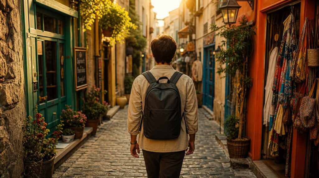 A traveler viewed from behind, wearing a slim travel backpack, walking down a narrow sunlit cobblestone alley