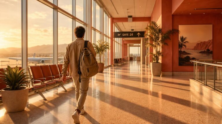 A traveler walking through a sunlit airport terminal toward a boarding gate, warm golden-hour light streaming