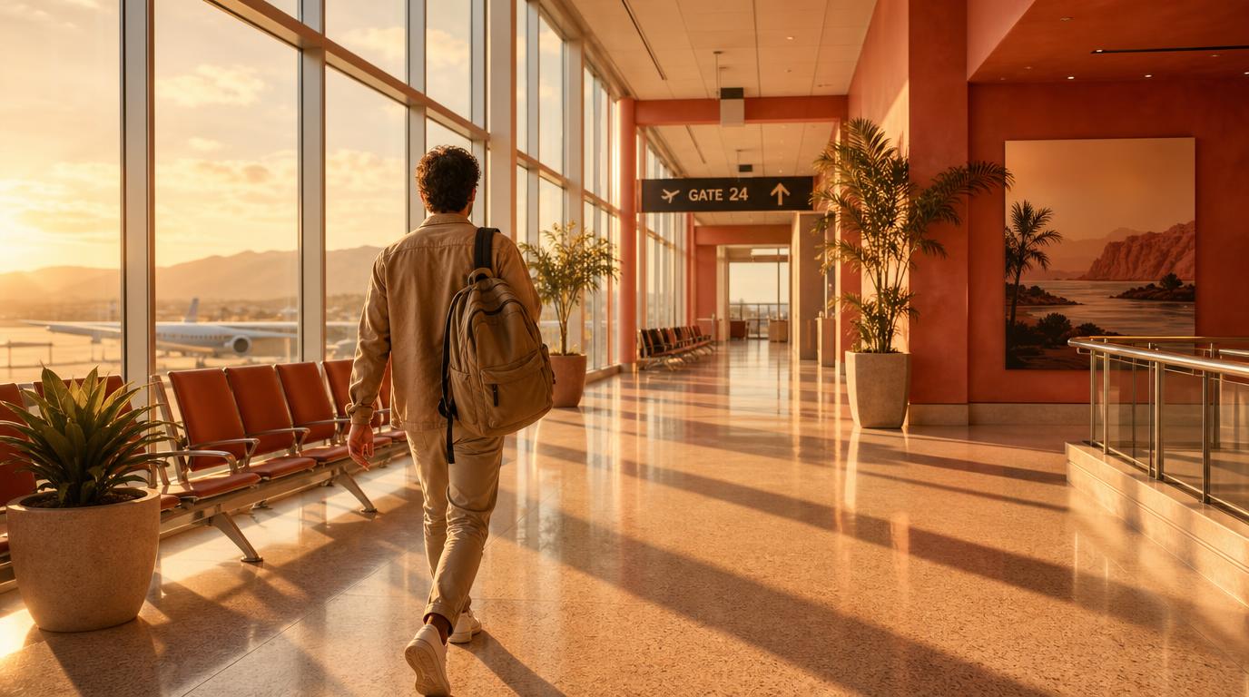 A traveler walking through a sunlit airport terminal toward a boarding gate, warm golden-hour light streaming