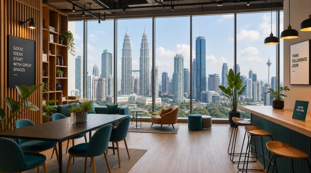 A view from inside a bright modern coworking space toward a floor-to-ceiling window overlooking the Kuala Lumpur skyline at midday