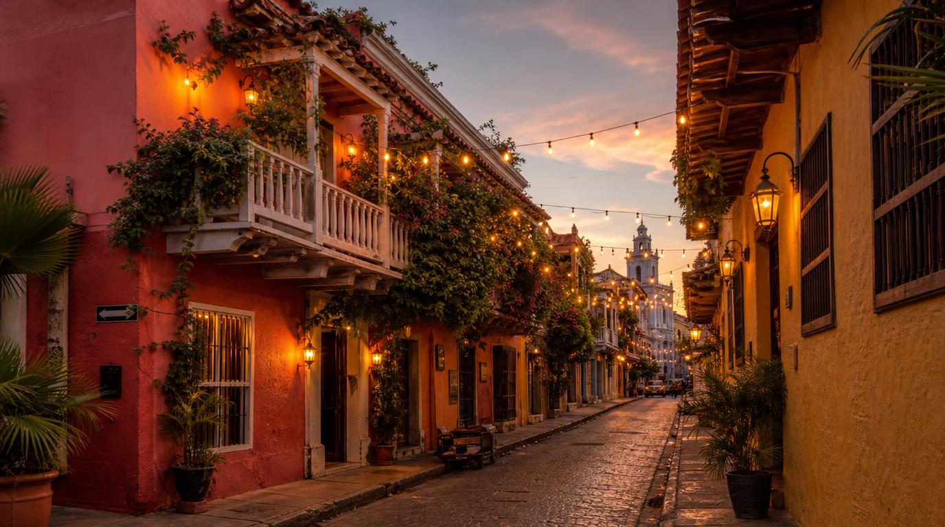 A warm dusk street scene in Getsemaní Cartagena colorful two-story buildings