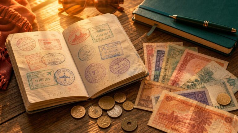 A weathered passport lying open on a sunlit wooden table, its pages showing several colorful visa stamps and entry seals