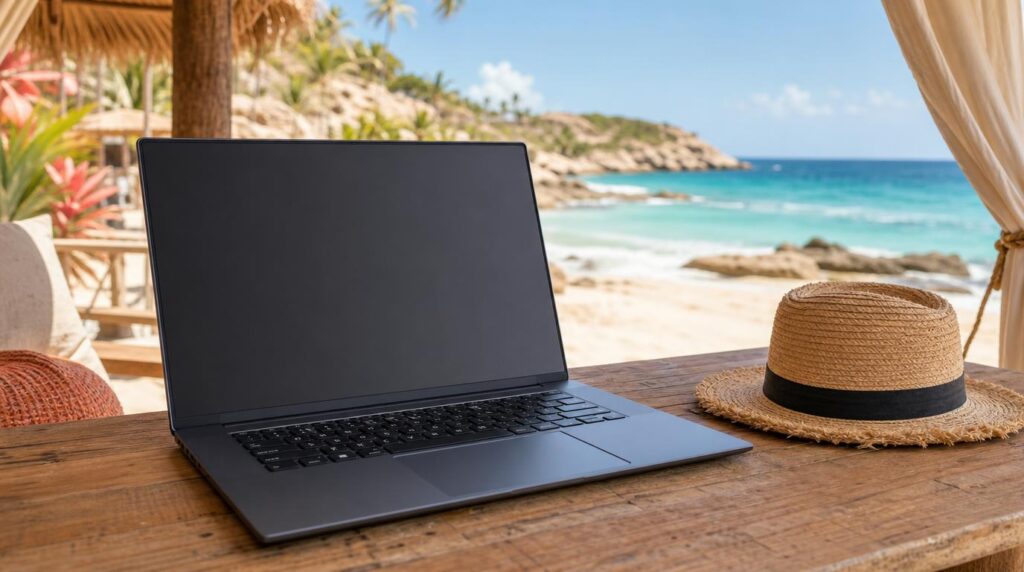 A wide 16-inch laptop open on a beach cabana table with a partial ocean view, bright midday light