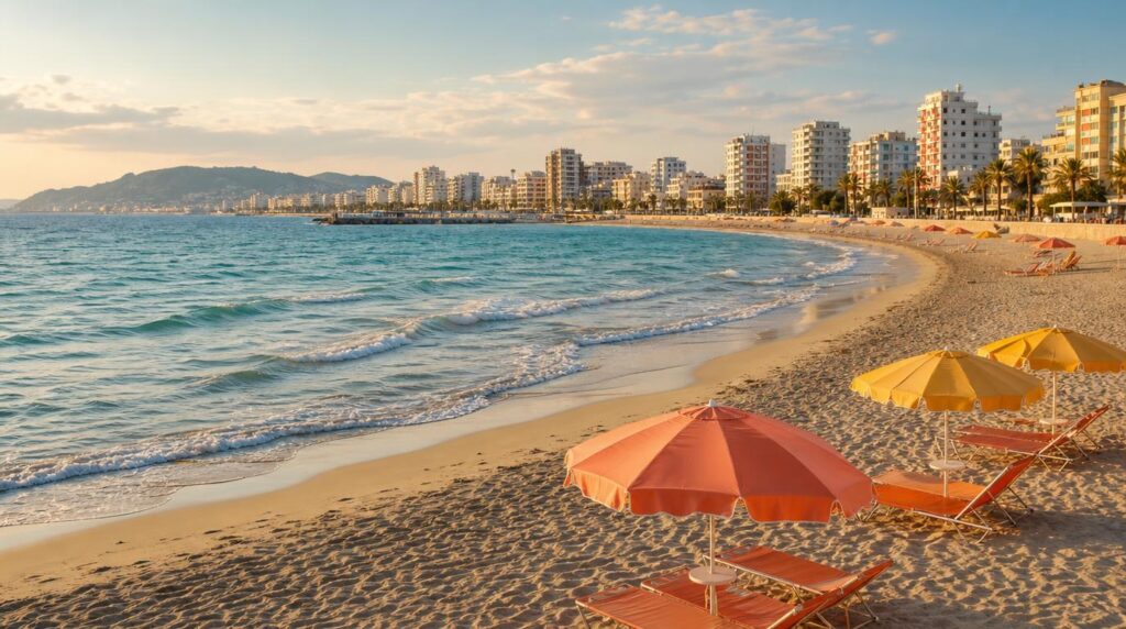 A wide coastal shot of Durres beach near Tirana in early summer, golden sand, teal sea, a few colorful umbrellas in coral