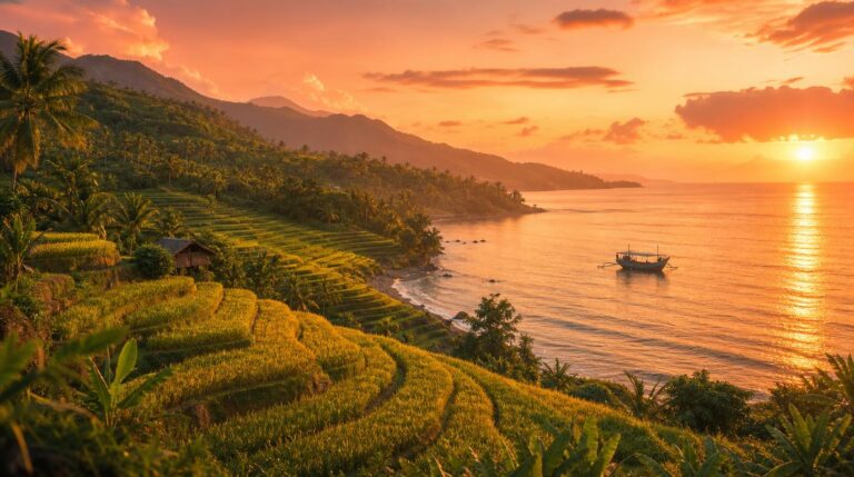 A wide golden-hour landscape shot of a Southeast Asian coastline with rice terraces and low green hills meeting the sea