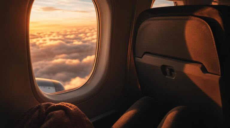 A wide shot from a window seat on a plane at golden hour, soft warm light streaming across the cabin, a blurred cloudscape