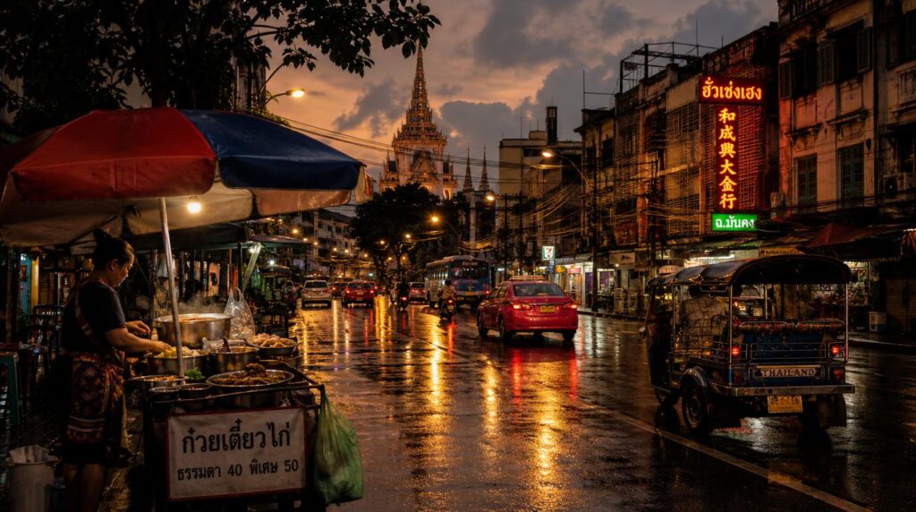 A wide shot of a Bangkok street just after a rain shower during the rainy season, wet pavement reflecting