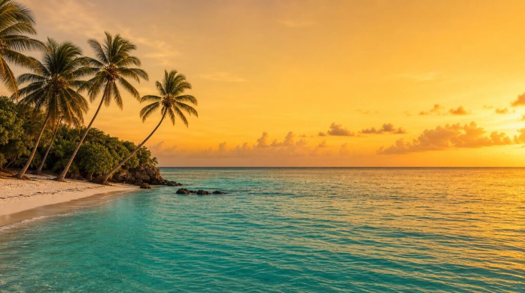 A wide shot of a Barbados coastline at golden hour, calm turquoise water meeting a narrow strip of white sand,