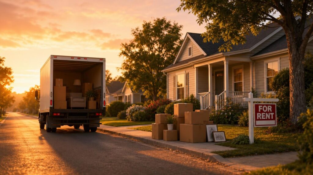 A wide shot of a moving truck pulling away from a small suburban house at golden hour, boxes stacked by the curb, a for rent
