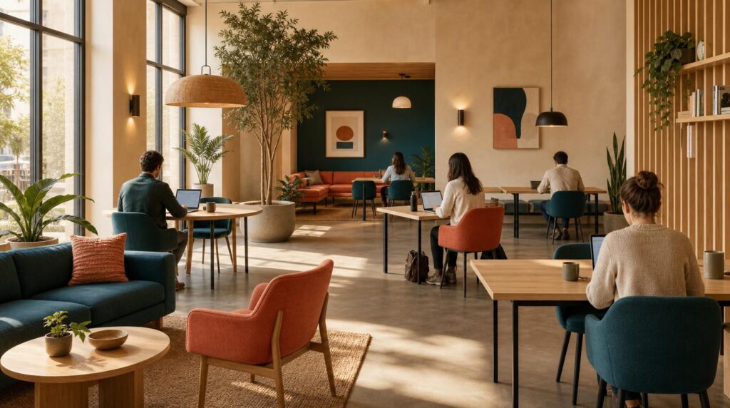 A wide shot of a sunlit coworking common area, several people quietly working at separate tables spaced apart
