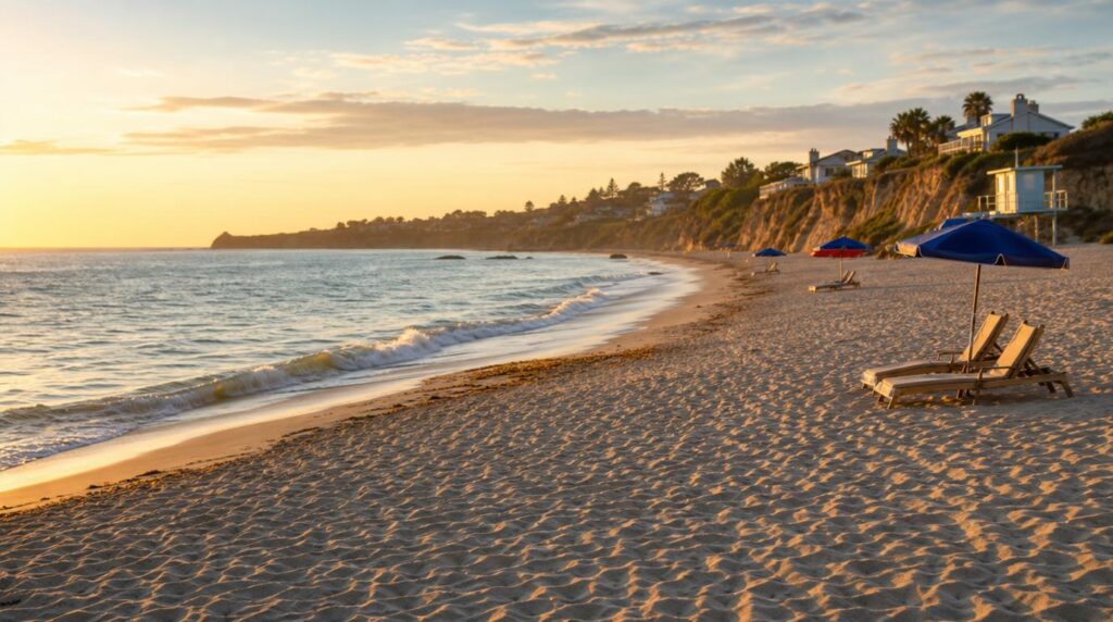 A wide shot of an uncrowded sandy beach in shoulder season, gentle waves, a few scattered beach umbrellas,