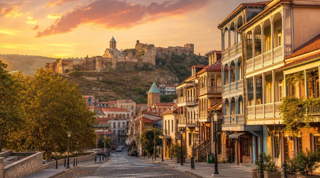 A wide, sunlit street scene in Tbilisi, Georgia, showing traditional balconied buildings and a distant hilltop fortress, golden afternoon light